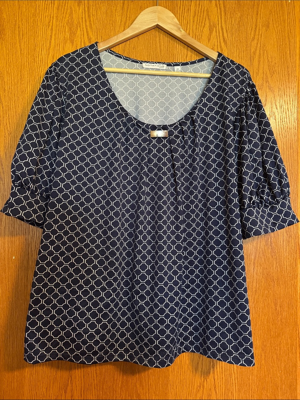 Notations Navy and White Geometric Scoop Neck Blouse